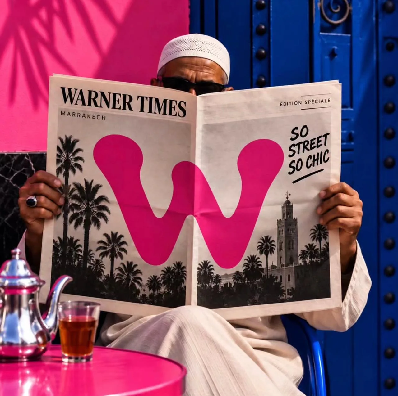 Un homme en djellaba lit le « Warner Times » à une table rose, un verre de thé devant lui